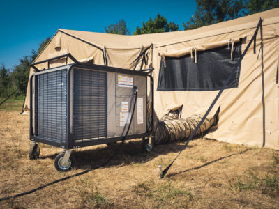 equipment with tent in field