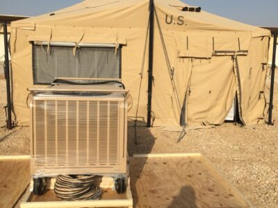 equipment with tent in field