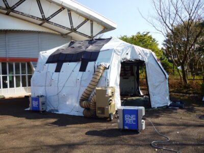 equipment with tent in field