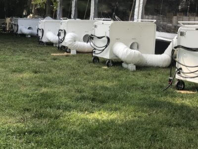 equipment with tent in field