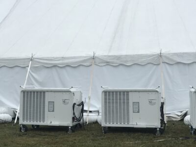 equipment with tent in field